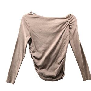 Zara Asymmetric Long Sleeve T Shirt Womens M Boat Neck Ruched Beige